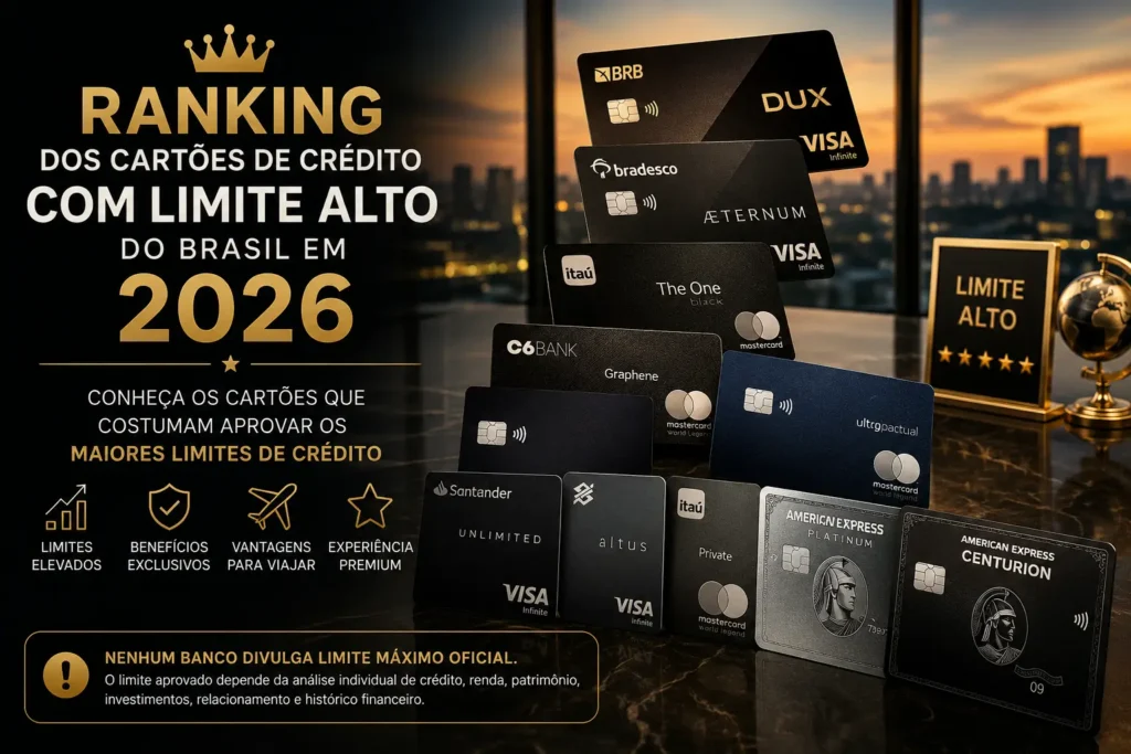 Ranking dos cartões de crédito com limite alto do Brasil em 2026, destacando BRB DUX Visa Infinite, Bradesco Aeternum, Itaú The One, C6 Graphene, BTG Ultrablue, Santander Unlimited, BB Altus, Itaú Private World Legend, American Express Platinum e Centurion.