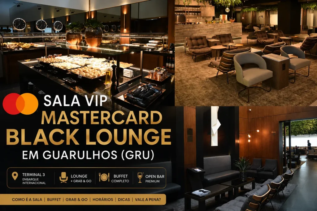 Sala VIP Mastercard Black Lounge no Terminal 3 do Aeroporto Internacional de Guarulhos (GRU), com buffet completo, lounge premium, área de descanso e open bar para passageiros de voos internacionais.