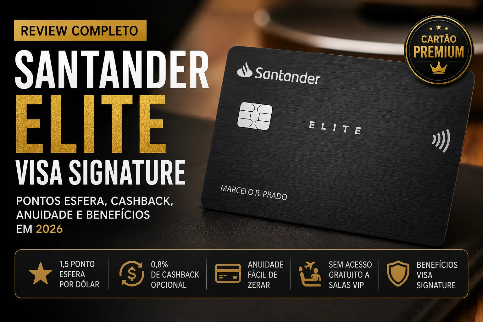 Arte promocional do cartão Santander Elite Visa Signature destacando review completo de 2026, pontuação de 1,5 ponto Esfera por dólar, opção de 0,8% de cashback, anuidade com possibilidade de isenção e benefícios da bandeira Visa Signature.