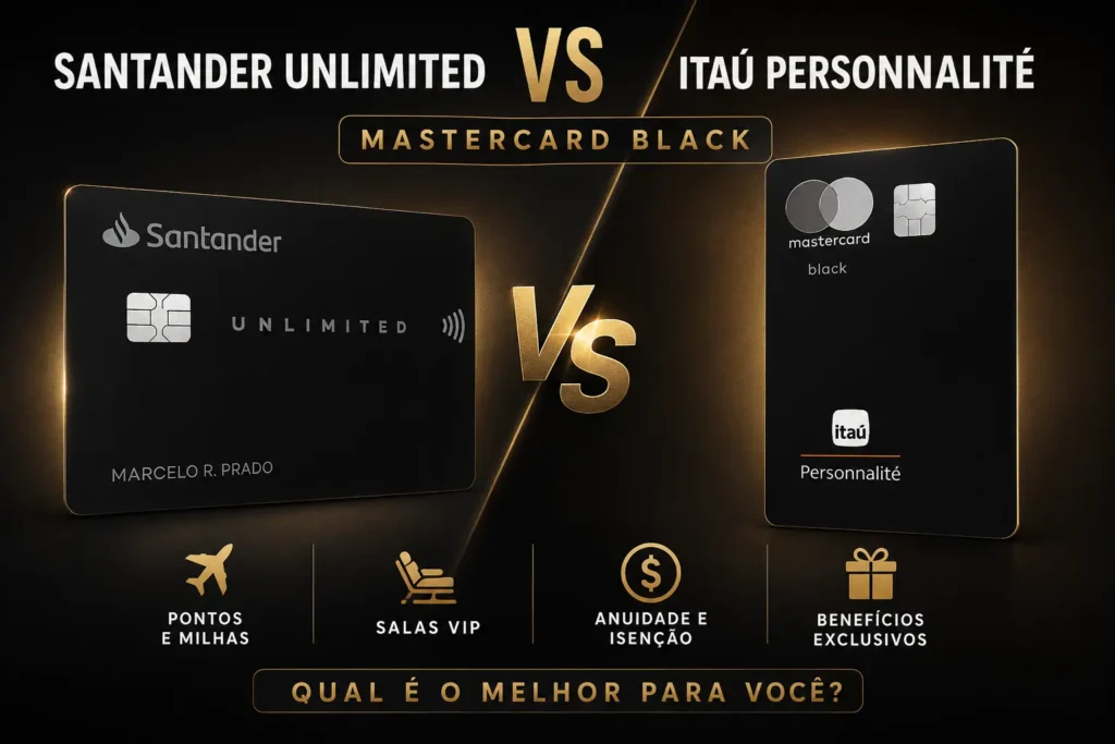 Comparativo entre os cartões Santander Unlimited Mastercard Black e Itaú Personnalité Mastercard Black destacando pontuação, salas VIP, anuidade, isenção e benefícios premium em 2026.