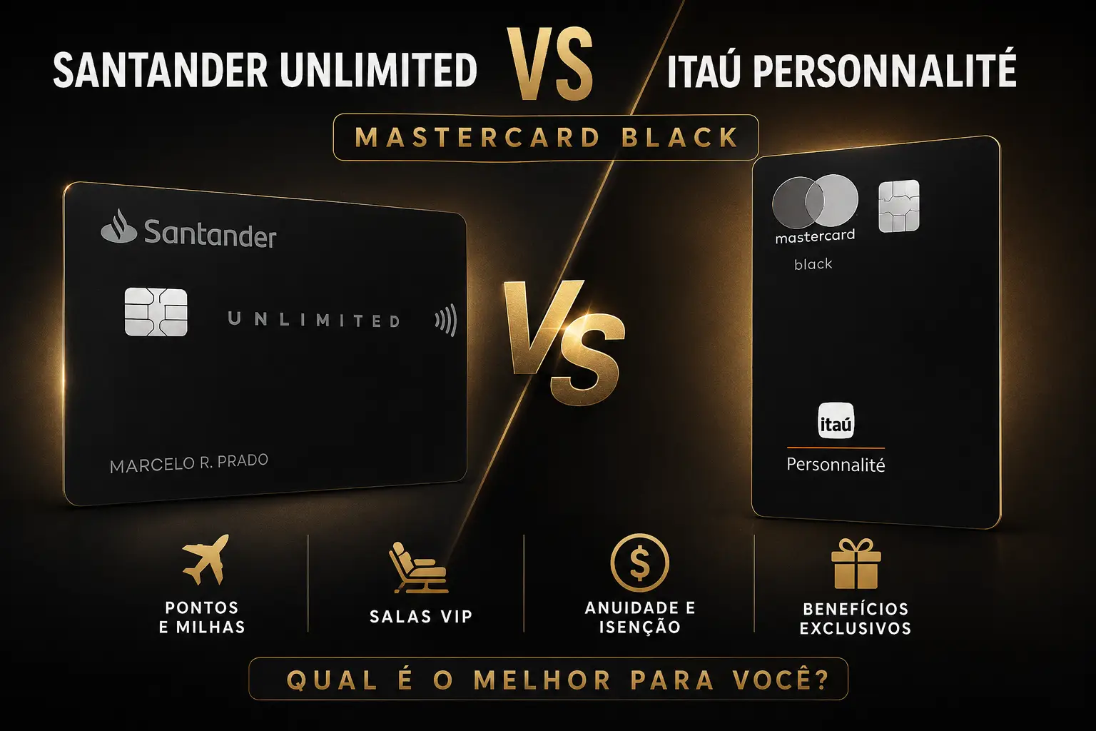 Comparativo entre os cartões Santander Unlimited Mastercard Black e Itaú Personnalité Mastercard Black destacando pontuação, salas VIP, anuidade, isenção e benefícios premium em 2026.