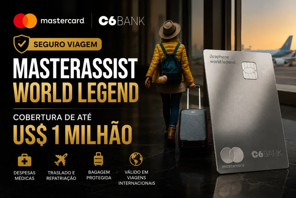Arte promocional do Seguro Viagem MasterAssist World Legend do C6 Graphene Mastercard World Legend, destacando cobertura de até US$ 1 milhão para viagens internacionais, despesas médicas, traslado, repatriação e proteção de bagagem.