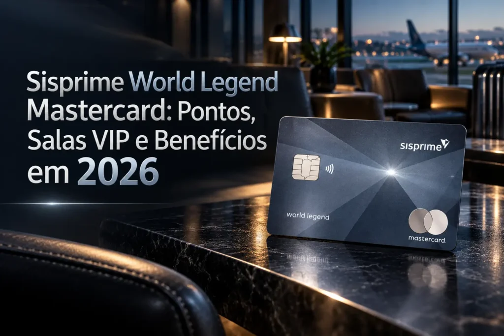 Cartão Sisprime World Legend Mastercard metálico em lounge de aeroporto, com benefícios de pontos e salas VIP em 2026.