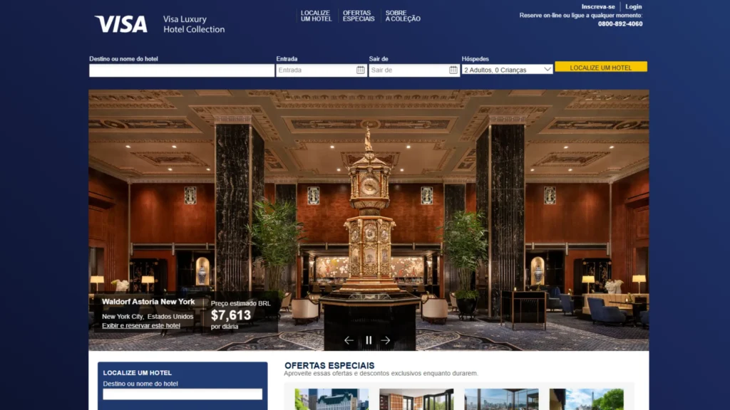Página da Visa Luxury Hotel Collection mostrando hotéis de luxo e benefícios exclusivos para portadores de cartões Visa Premium.