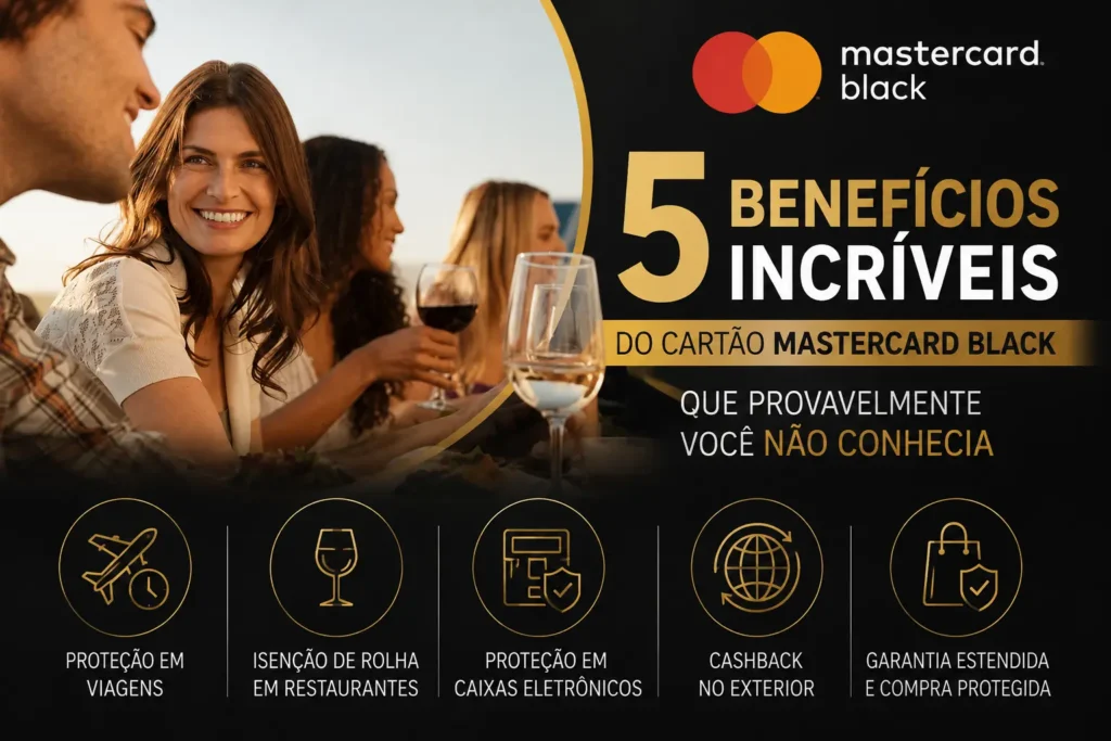 5 benefícios do Mastercard Black pouco conhecidos, incluindo proteção em viagens, isenção de rolha, proteção em caixas eletrônicos, cashback no exterior e compra protegida.