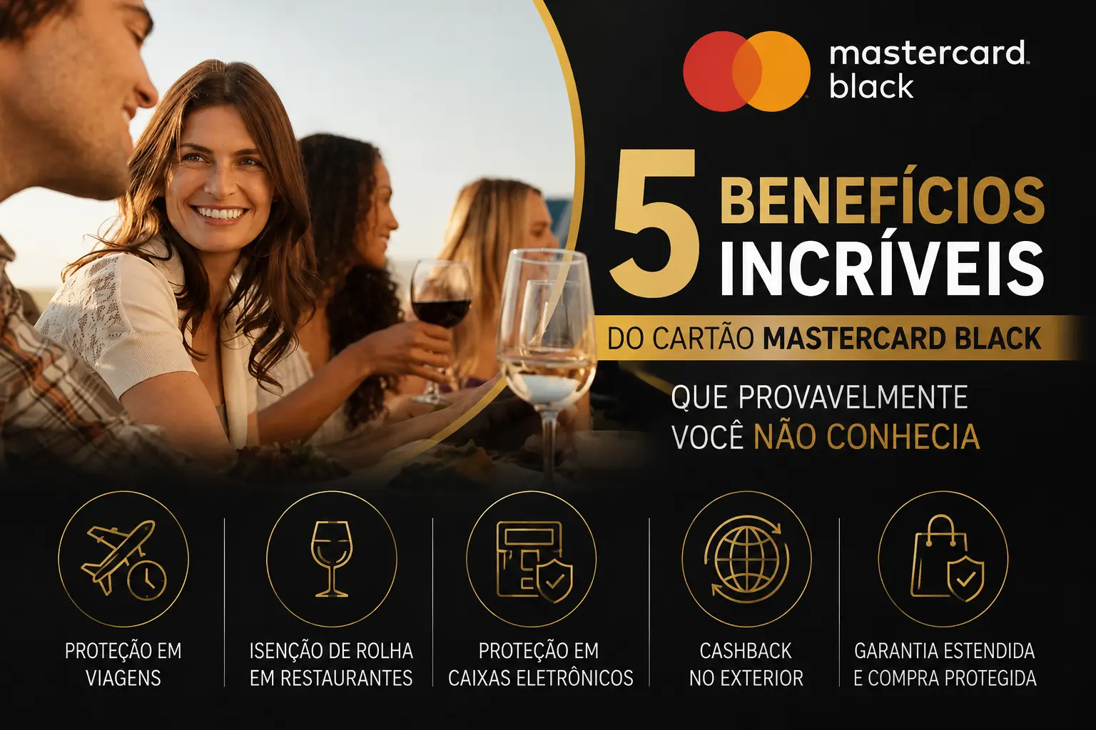 5 benefícios do Mastercard Black pouco conhecidos, incluindo proteção em viagens, isenção de rolha, proteção em caixas eletrônicos, cashback no exterior e compra protegida.