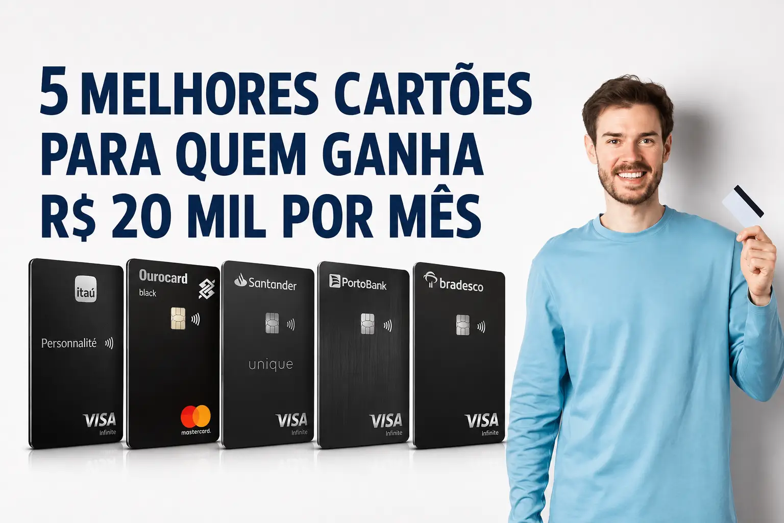 5 melhores cartões para quem ganha R$ 20 mil por mês em 2026: Itaú Personnalité, Ourocard Black, Santander Unique, Porto Bank e Bradesco.