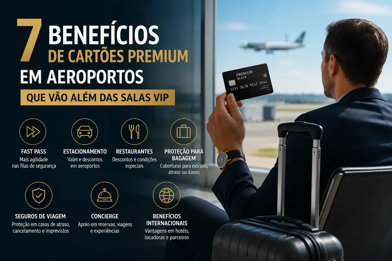 7 benefícios de cartões premium em aeroportos que vão além das salas VIP, incluindo Fast Pass, estacionamento, restaurantes, proteção de bagagem, seguros e concierge.
