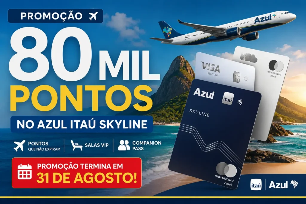 Azul Itaú Skyline com promoção de 80 mil pontos e prazo até 31 de agosto de 2026
