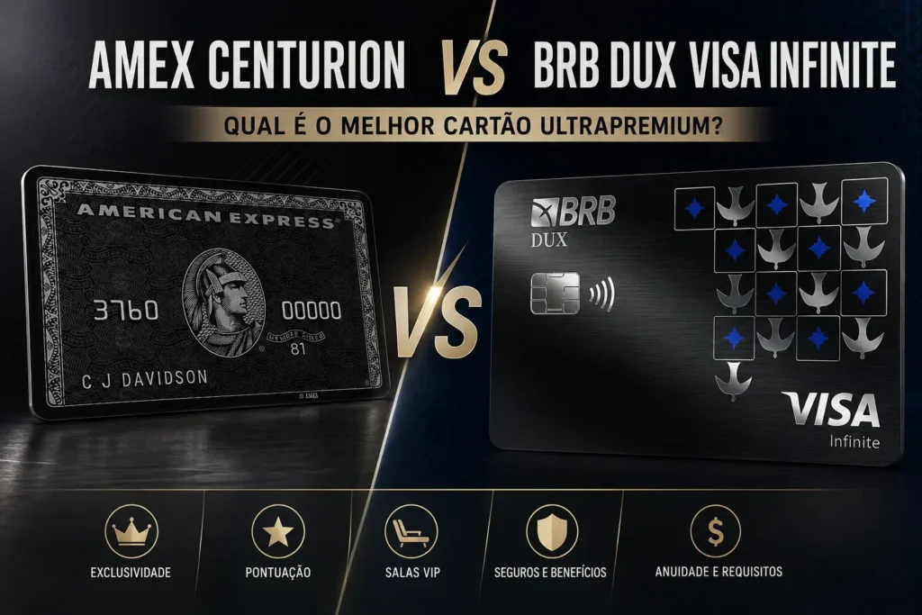 Amex Centurion vs BRB DUX Visa Infinite em comparação de cartões ultrapremium, pontos, salas VIP, benefícios e anuidade.