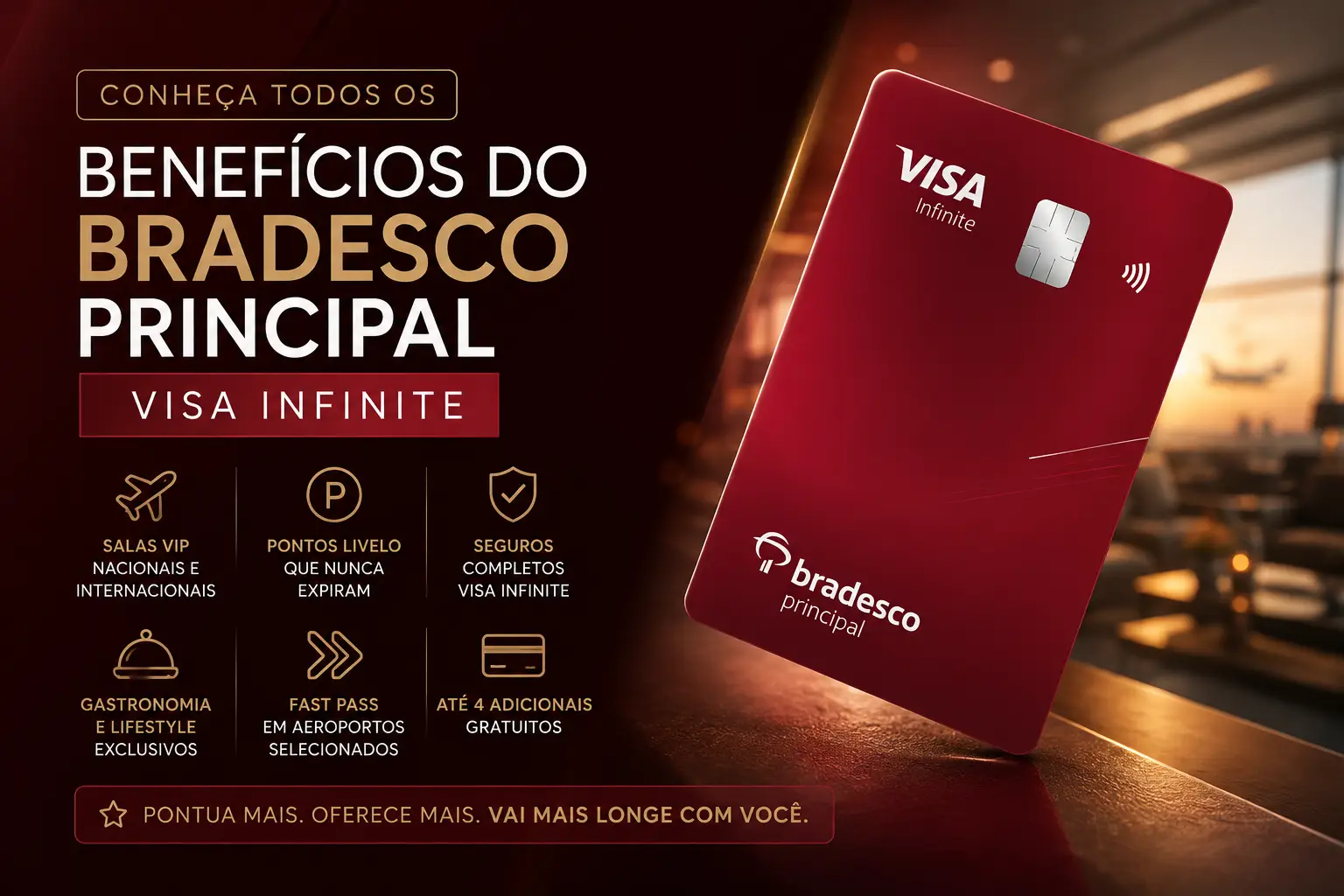 Cartão Bradesco Principal Visa Infinite destacando benefícios exclusivos como salas VIP, pontos Livelo sem expiração, seguros Visa Infinite, Fast Pass em aeroportos e vantagens em gastronomia.