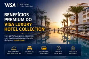 Benefícios premium do Visa Luxury Hotel Collection com resort de luxo, piscina, cartão Visa Infinite e vantagens exclusivas como café da manhã, upgrade de quarto, crédito para consumo e check-out estendido.