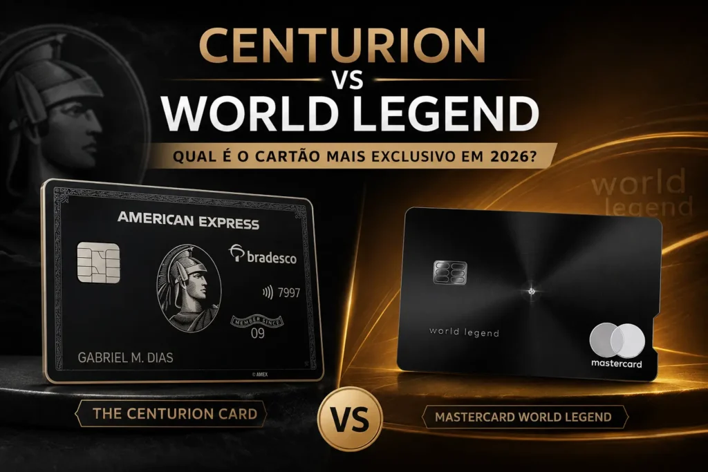 Bradesco American Express The Centurion Card comparado ao Mastercard World Legend em destaque, mostrando qual cartão premium oferece mais exclusividade, benefícios e acesso a salas VIP em 2026.