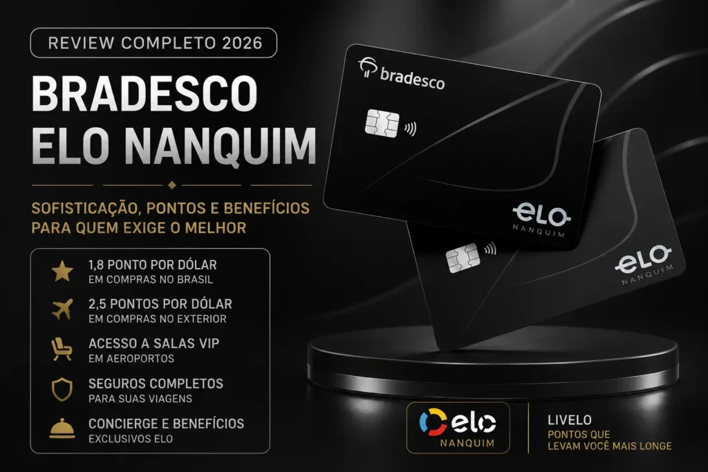 Bradesco Elo Nanquim 2026 com destaque para até 2,5 pontos por dólar, salas VIP, benefícios premium e programa Livelo.