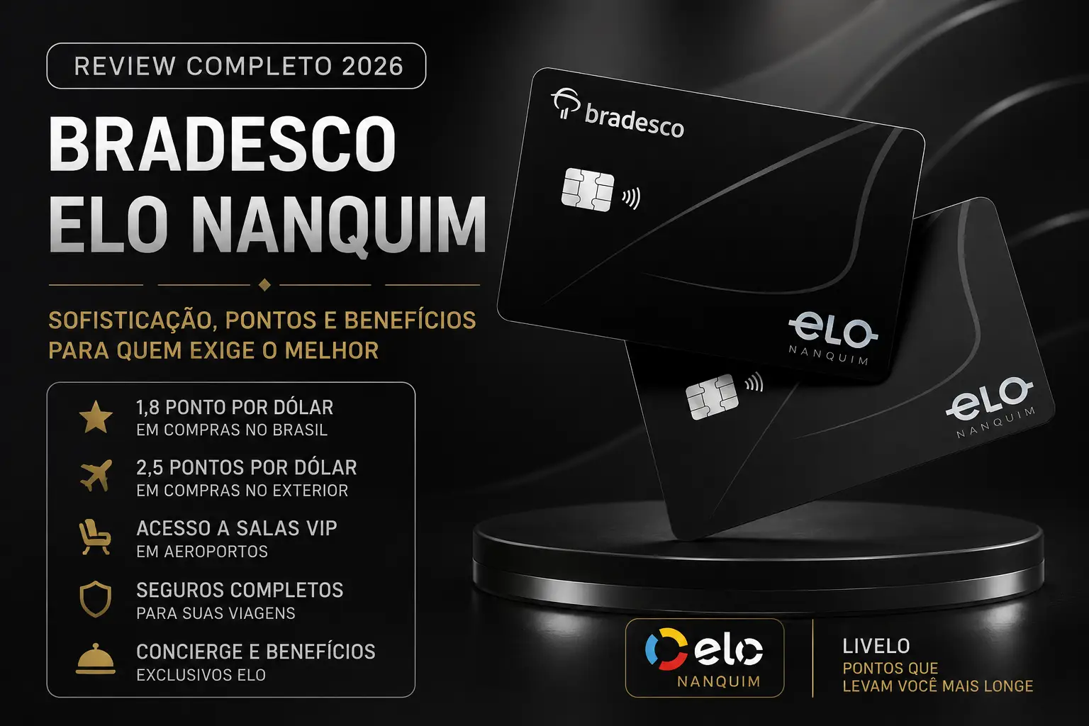 Bradesco Elo Nanquim 2026 com destaque para até 2,5 pontos por dólar, salas VIP, benefícios premium e programa Livelo.