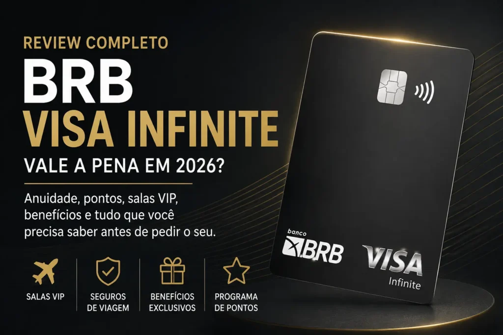 Cartão BRB Visa Infinite em destaque com chamada para review completo mostrando análise da anuidade, programa de pontos, salas VIP, benefícios Visa Infinite e seguros de viagem em 2026.