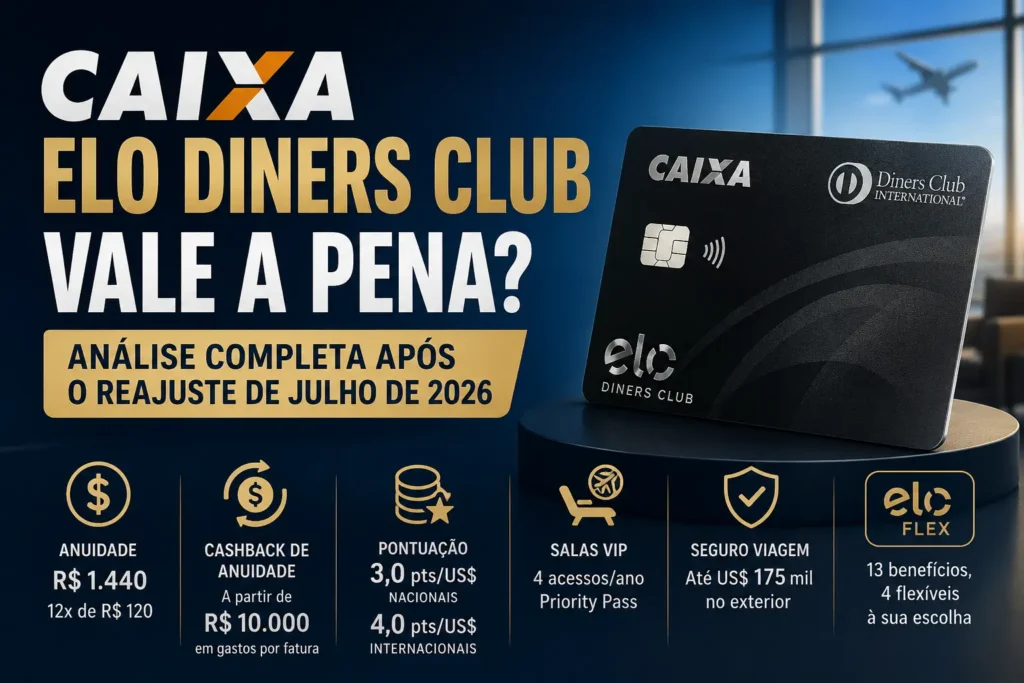 Caixa Elo Diners Club vale a pena em 2026? Review completo após o reajuste da anuidade de julho, com pontuação de até 4 pontos por dólar, Priority Pass, seguros de viagem e benefícios Elo Flex.