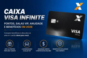 CAIXA Visa Infinite 2026 com até 3,2 pontos por dólar, 2 acessos anuais a salas VIP e possibilidade de anuidade grátis.