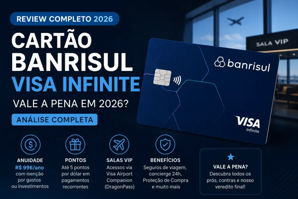 Cartão Banrisul Visa Infinite em destaque com identidade visual azul, fundo de aeroporto e chamada "Review Completo 2026", representando análise sobre anuidade, programa de pontos, salas VIP e benefícios exclusivos.