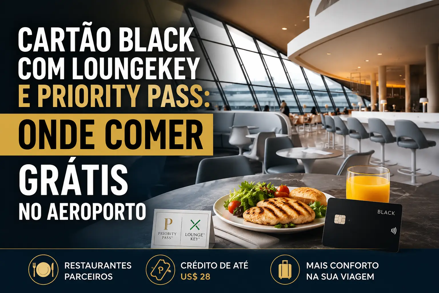 Cartão Black com LoungeKey e Priority Pass para comer grátis em restaurantes de aeroportos