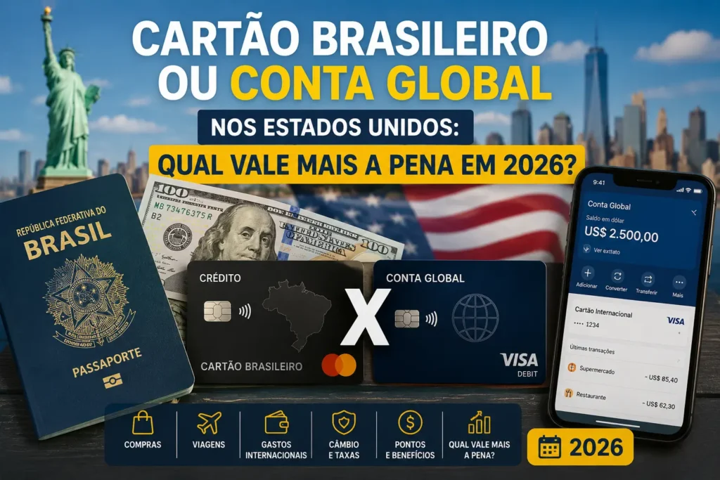 Cartão brasileiro ou conta global nos Estados Unidos em 2026 com passaporte brasileiro, dólar e cartões internacionais.