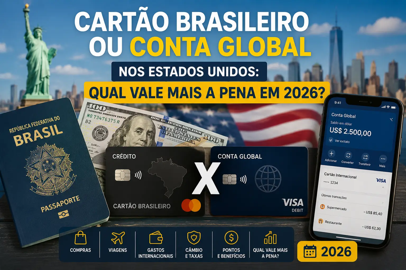 Cartão brasileiro ou conta global nos Estados Unidos em 2026 com passaporte brasileiro, dólar e cartões internacionais.