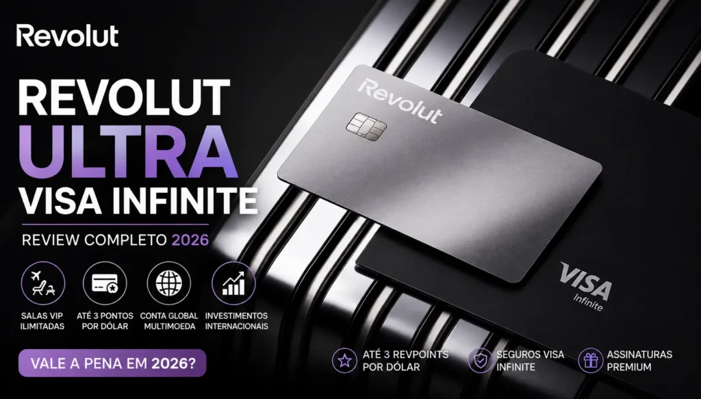 Cartão de Crédito Revolut Ultra Visa Infinite em destaque com benefícios como até 3 RevPoints por dólar, salas VIP ilimitadas, conta global multimoeda e Review Completo 2026.