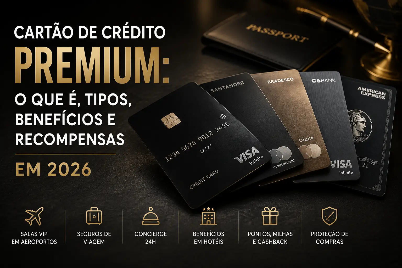 Cartões de crédito premium com benefícios, pontos, milhas, cashback, salas VIP e vantagens em viagens em 2026.