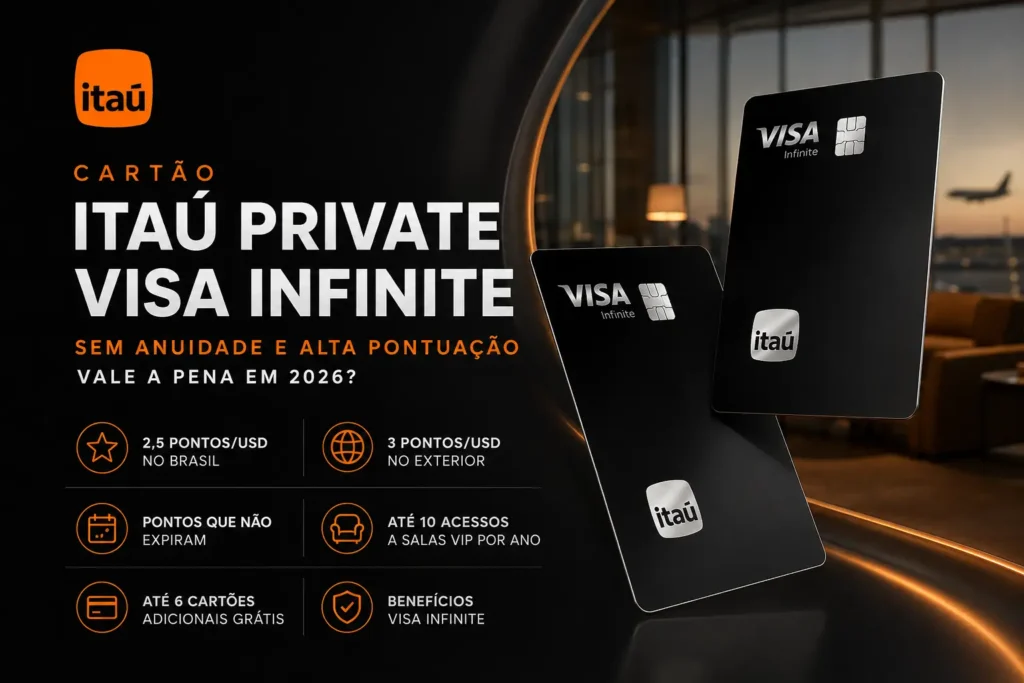 Cartão Itaú Private Visa Infinite sem anuidade, com 2,5 pontos por dólar no Brasil, 3 pontos no exterior e acesso a salas VIP.