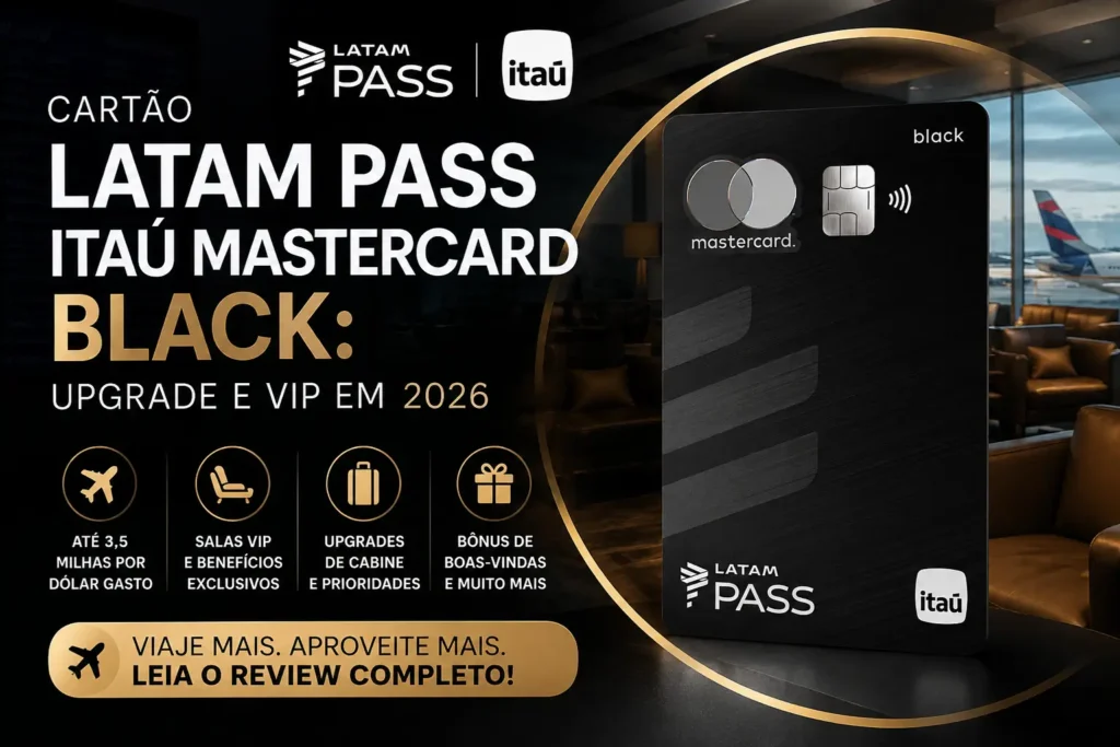 Cartão LATAM Pass Itaú Mastercard Black com destaque para acúmulo de até 3,5 milhas por dólar, upgrades de cabine, salas VIP e benefícios premium em 2026.