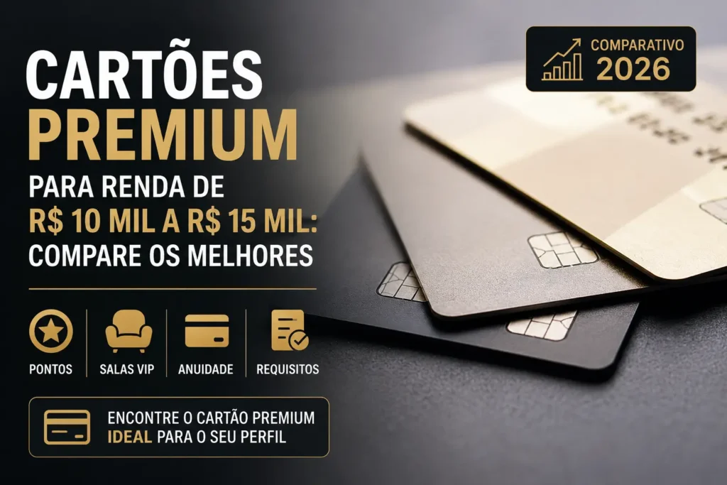 Cartões premium para renda de R$ 10 mil a R$ 15 mil comparados em 2026 por pontos, salas VIP, anuidade e requisitos.