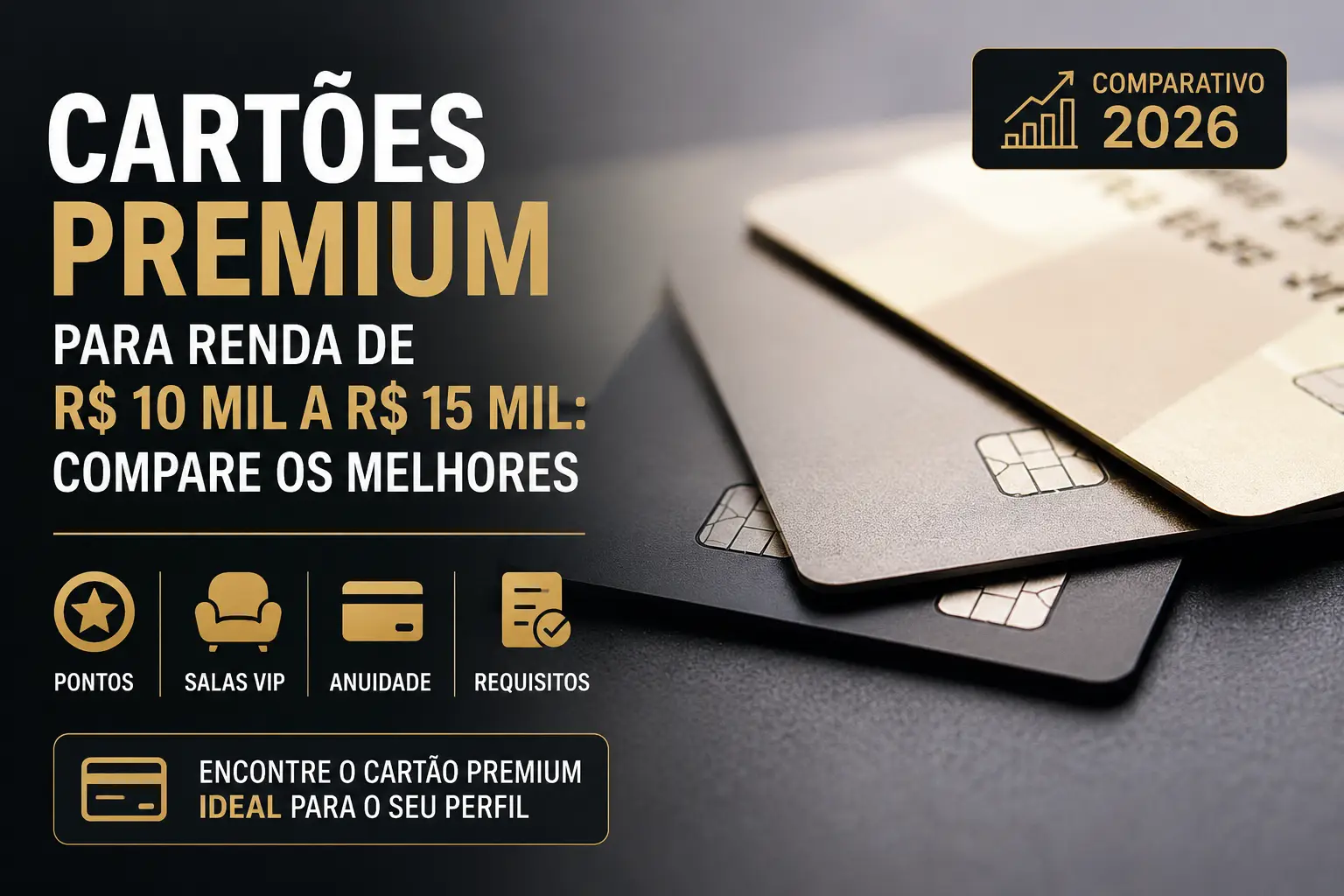 Cartões premium para renda de R$ 10 mil a R$ 15 mil comparados em 2026 por pontos, salas VIP, anuidade e requisitos.