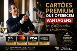 Cartões premium com vantagens em restaurantes e gastronomia, incluindo Elo Diners Club, Mastercard Black, Visa Infinite e American Express.