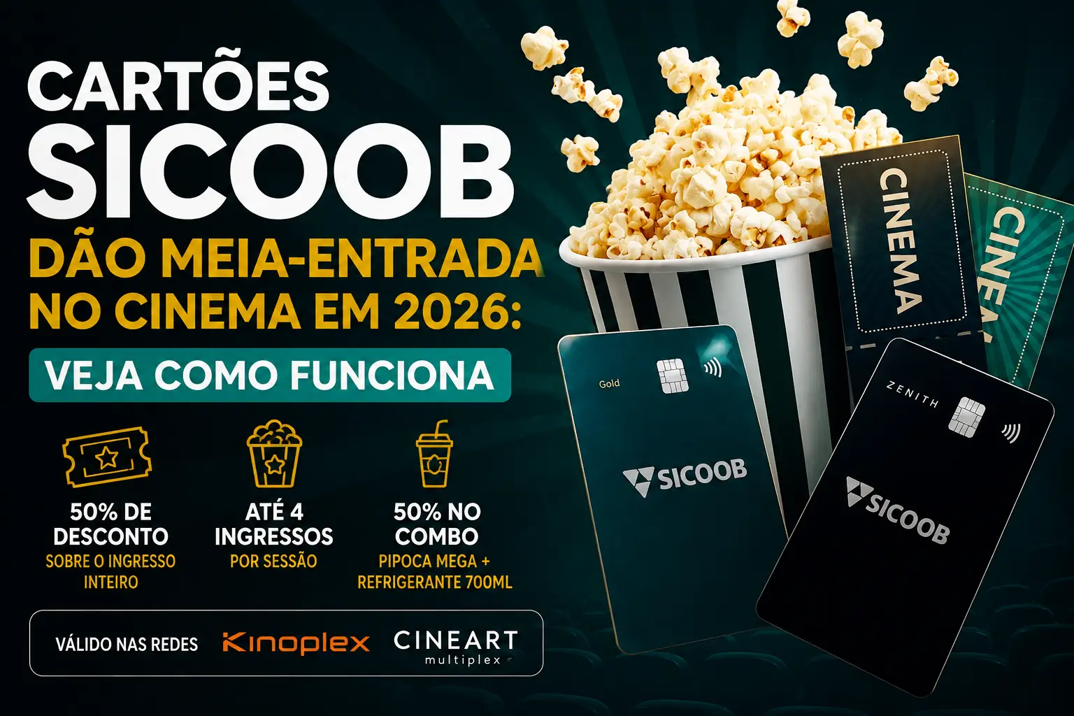 Cartões Sicoob com 50% de desconto em ingressos de cinema no Kinoplex e Cineart em 2026