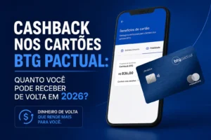 Cashback nos cartões BTG Pactual em 2026 com cartão Ultrablue e aplicativo BTG mostrando dinheiro de volta.