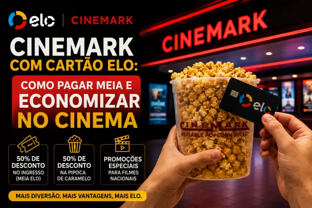 Cliente utilizando um cartão Elo para comprar ingresso no Cinemark com desconto de 50% na meia-entrada e na pipoca de caramelo.