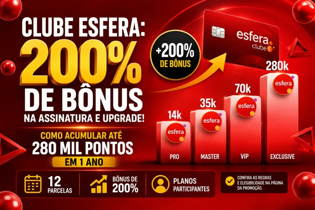 Clube Esfera oferece 200% de bônus na assinatura e upgrade de planos participantes, com até 280 mil pontos em 1 ano.