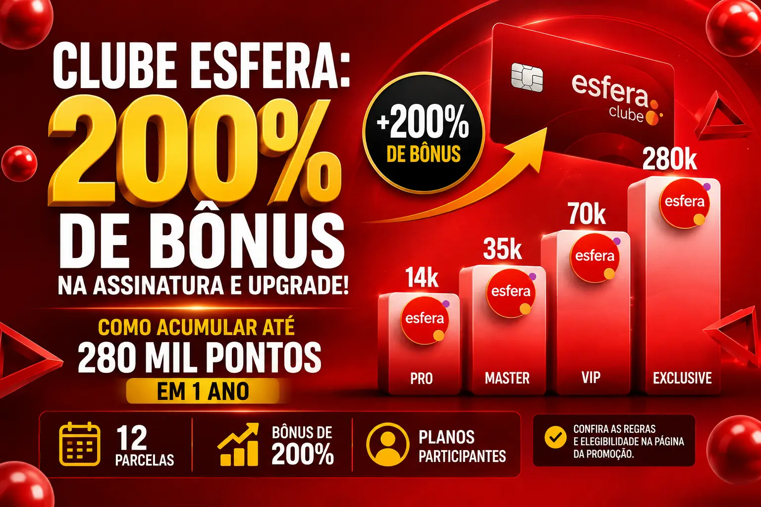 Clube Esfera oferece 200% de bônus na assinatura e upgrade de planos participantes, com até 280 mil pontos em 1 ano.