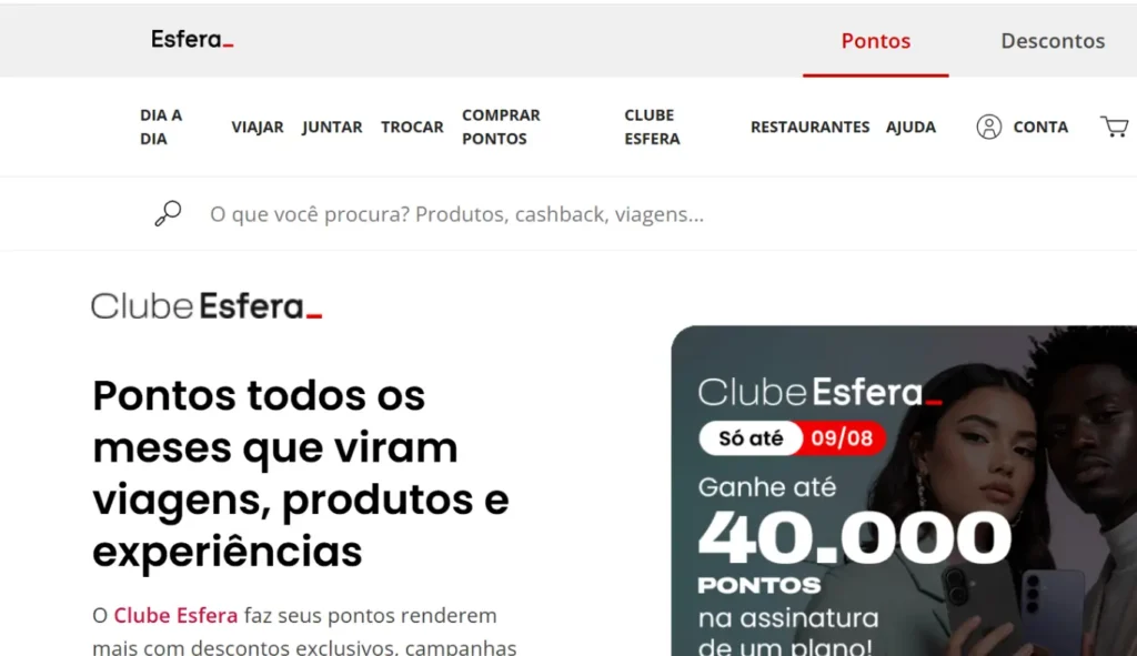 Página oficial do Clube Esfera exibindo a promoção de até 40.000 pontos extras para novas assinaturas e upgrades de plano até 09 de agosto de 2026.
