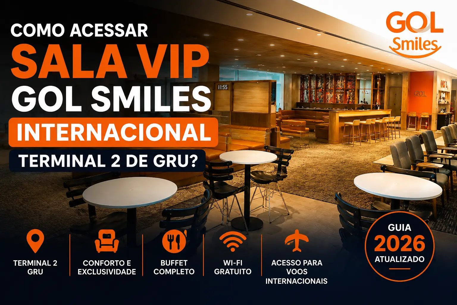 Sala VIP GOL Smiles Internacional no Terminal 2 do Aeroporto de Guarulhos (GRU), mostrando como acessar o lounge em 2026.