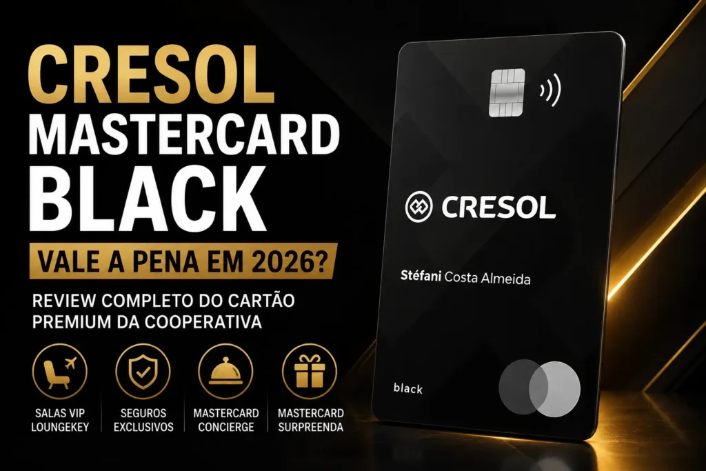 Cartão Cresol Mastercard Black com destaque para review completo de 2026, mostrando benefícios como salas VIP LoungeKey, seguros de viagem, Mastercard Concierge e programa Mastercard Surpreenda.