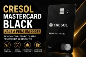 Cartão Cresol Mastercard Black com destaque para review completo de 2026, mostrando benefícios como salas VIP LoungeKey, seguros de viagem, Mastercard Concierge e programa Mastercard Surpreenda.