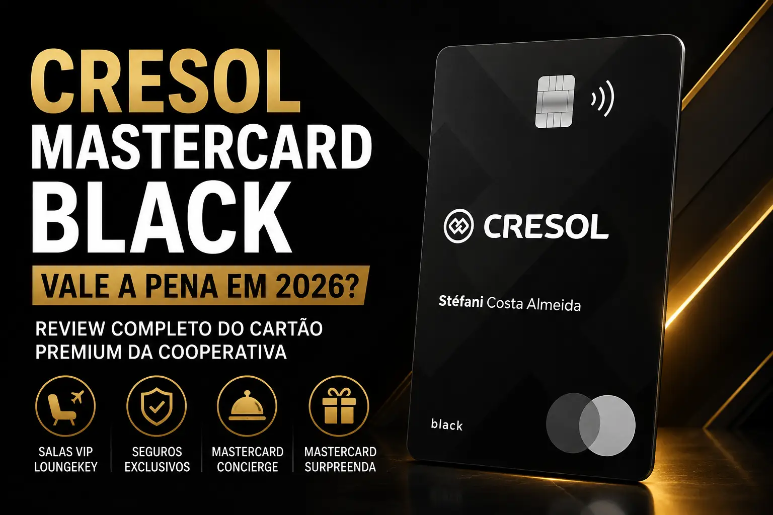 Cartão Cresol Mastercard Black com destaque para review completo de 2026, mostrando benefícios como salas VIP LoungeKey, seguros de viagem, Mastercard Concierge e programa Mastercard Surpreenda.