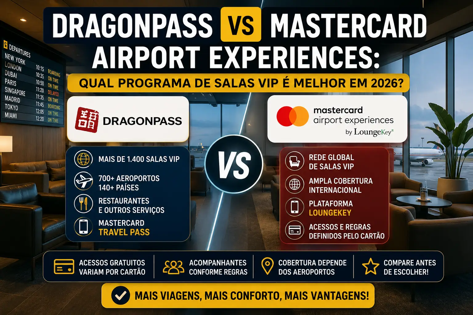 DragonPass vs Mastercard Airport Experiences: comparação de salas VIP, acessos, cobertura e benefícios em aeroportos em 2026.