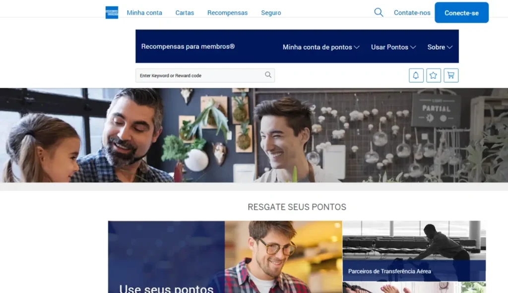 Tela do portal Membership Rewards American Express mostrando opções de resgate de pontos, parceiros de transferência aérea e catálogo de recompensas.