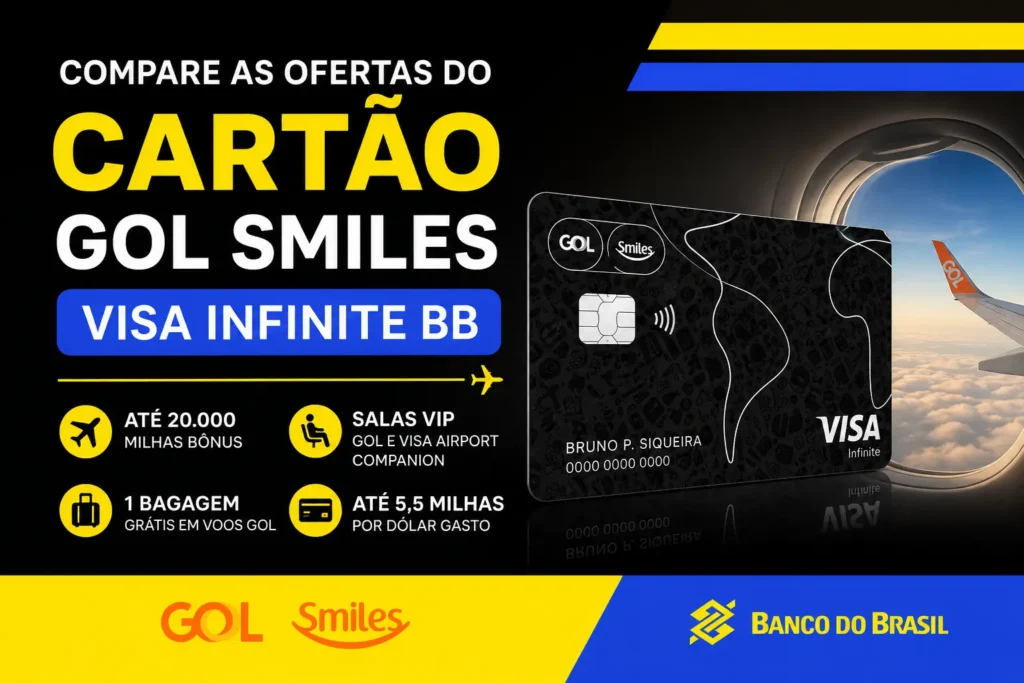 Cartão GOL Smiles Visa Infinite BB com ofertas de até 20 mil milhas bônus, salas VIP e benefícios de viagem.