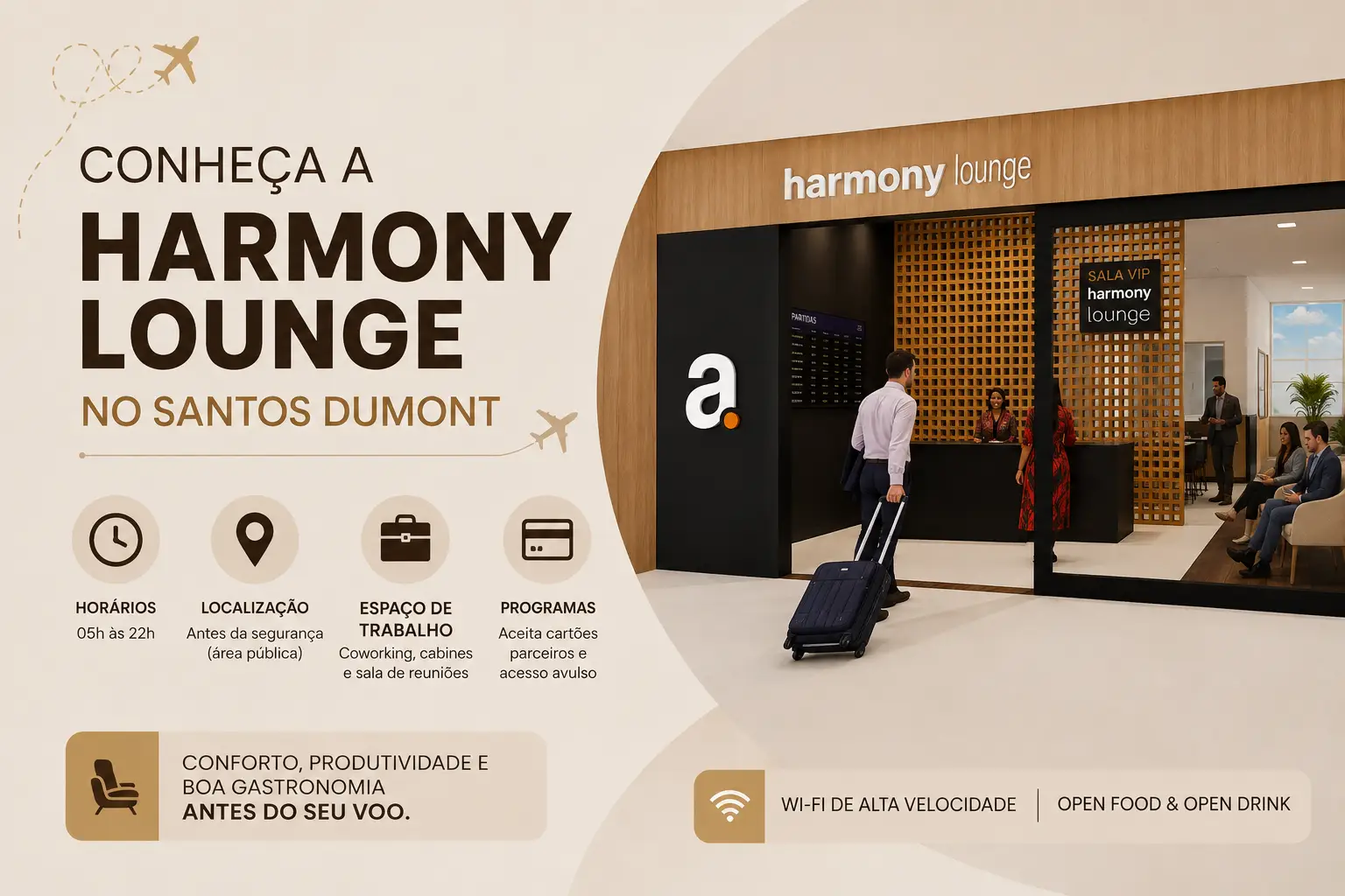 Harmony Lounge no Aeroporto Santos Dumont com espaço de coworking, alimentação e área de descanso