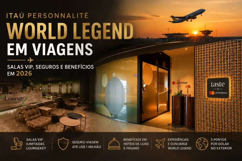 Itaú Personnalité World Legend em viagens com salas VIP, seguros e benefícios premium em 2026