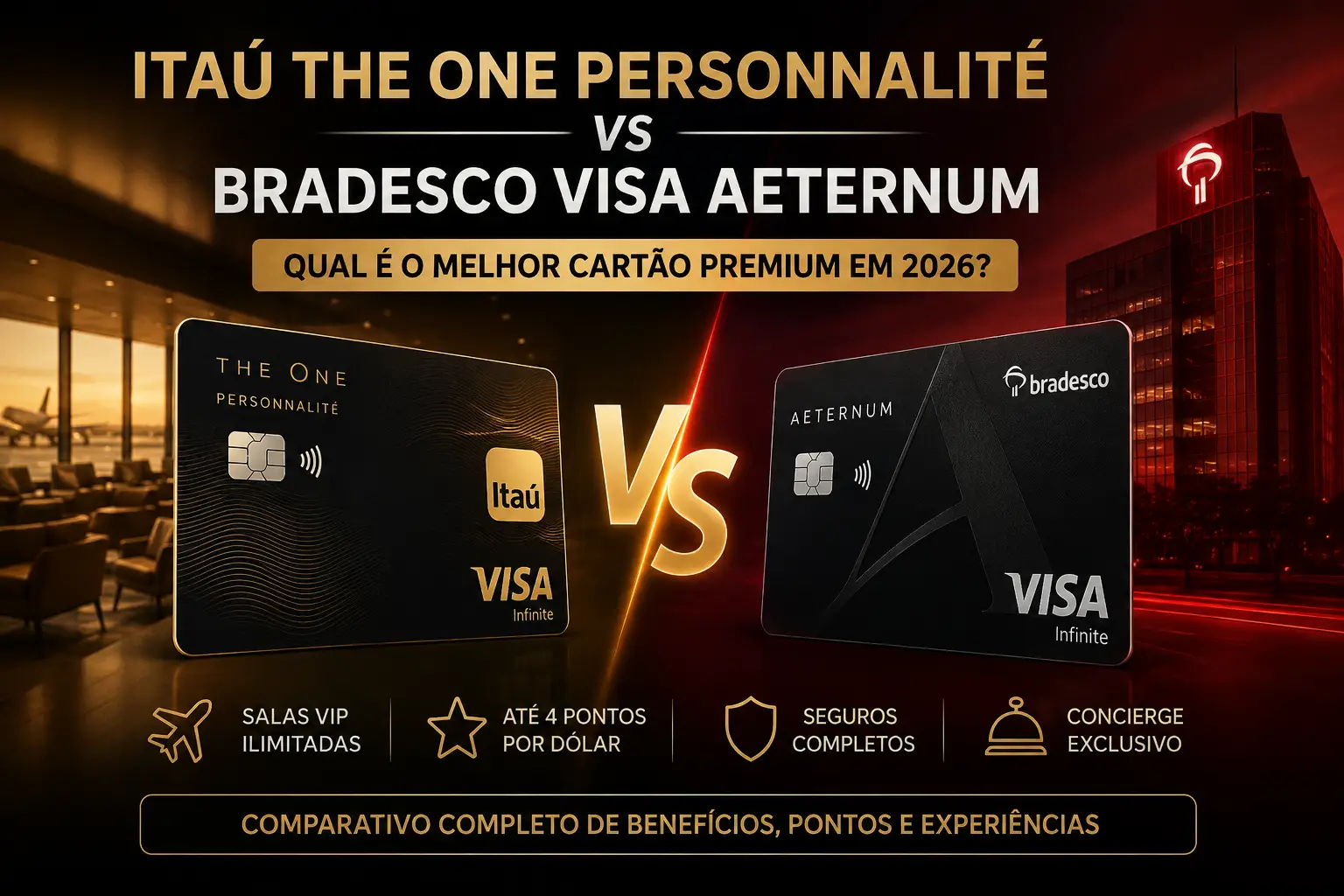 Comparativo entre os cartões Itaú The One Personnalité e Bradesco Visa Aeternum mostrando benefícios premium, salas VIP ilimitadas, pontuação de até 4 pontos por dólar e vantagens para viajantes em 2026.