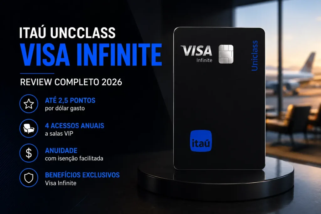Cartão Itaú Uniclass Visa Infinite com destaque para review completo 2026, pontuação de até 2,5 pontos por dólar, 4 acessos anuais às salas VIP e benefícios Visa Infinite.